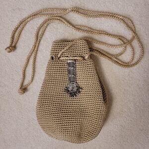 Varsha Patel Crochet Drawstring Crossbody Bag Braided Straps Aged Silver Detail